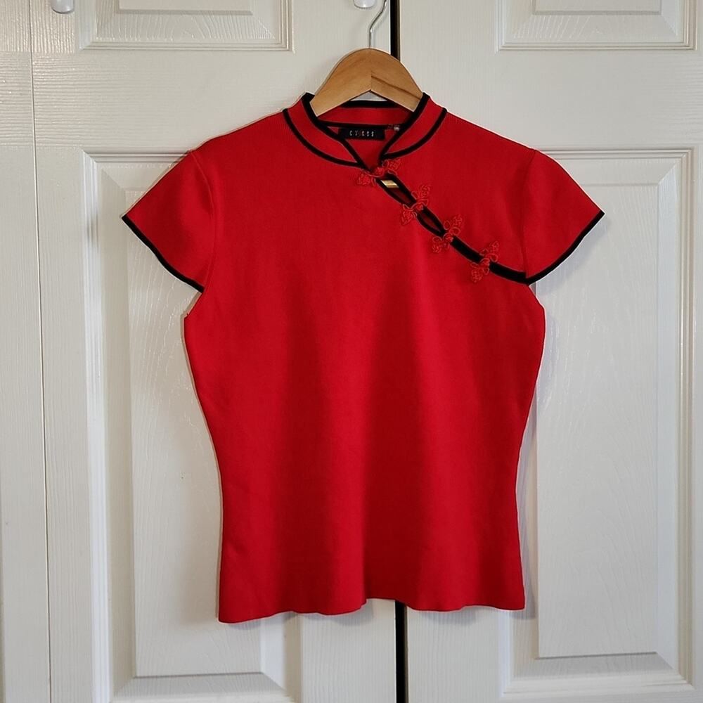 Cyrus Women's Red & Black Cap Sleeve‎ Embroidered Ribbed Top Size SM Stretch